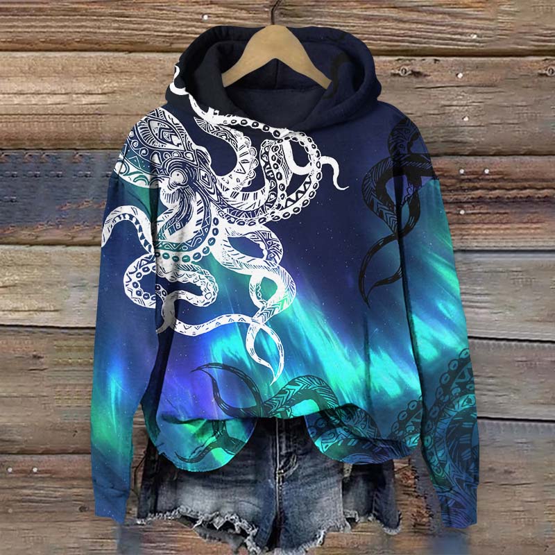 Fantasy Aurora Abstract Octopus Art Print Long Sleeve Hoodie - Blue - US44-46(8XL) - image 2