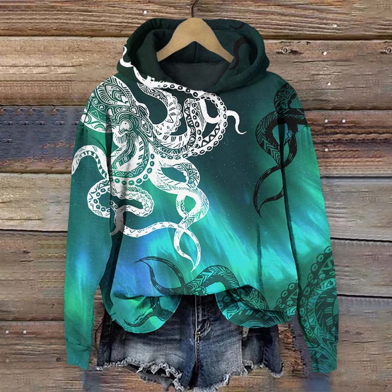 Fantasy Aurora Abstract Octopus Art Print Long Sleeve Hoodie - Green - US44-46(8XL) - image 1