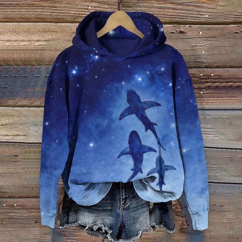 Cute Sharks Under Starry Night Sky Art Print Long Sleeve Hoodie - Blue - US44-46(8XL) - image 1