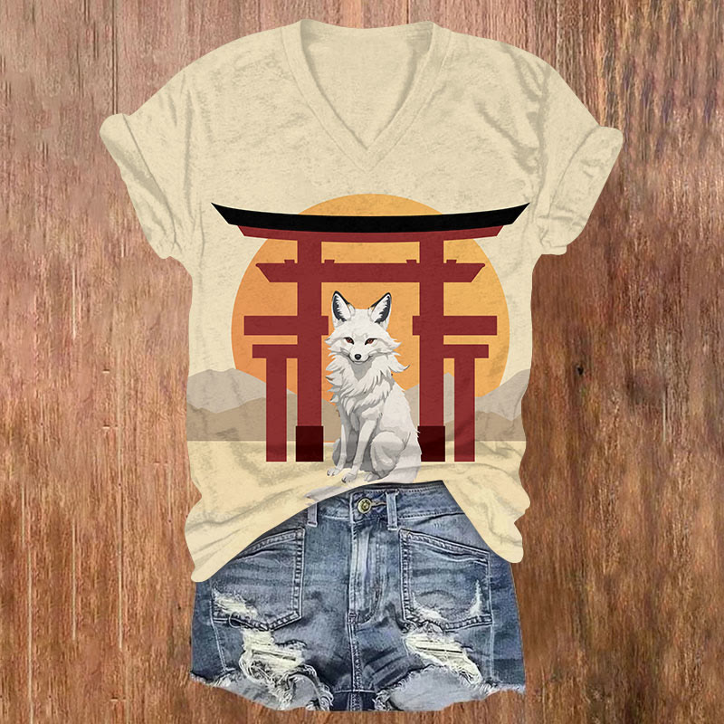 Japanese Style Simple Torii Fox Print V-neck T-shirt - Apricot - US32-34(5XL) - image 3