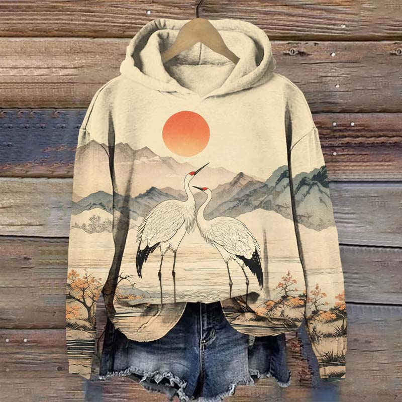 Japanese Landscape Painting White Cranes In Love Art Print Long Sleeve Hoodie - Apricot - US44-46(8XL) - image 1