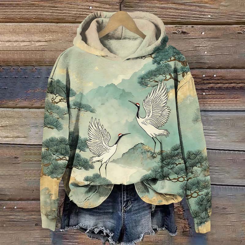Japanese Watercolor Landscape Painting White Crane Art Print Long Sleeve Hoodie - Green - US44-46(8XL) - image 1