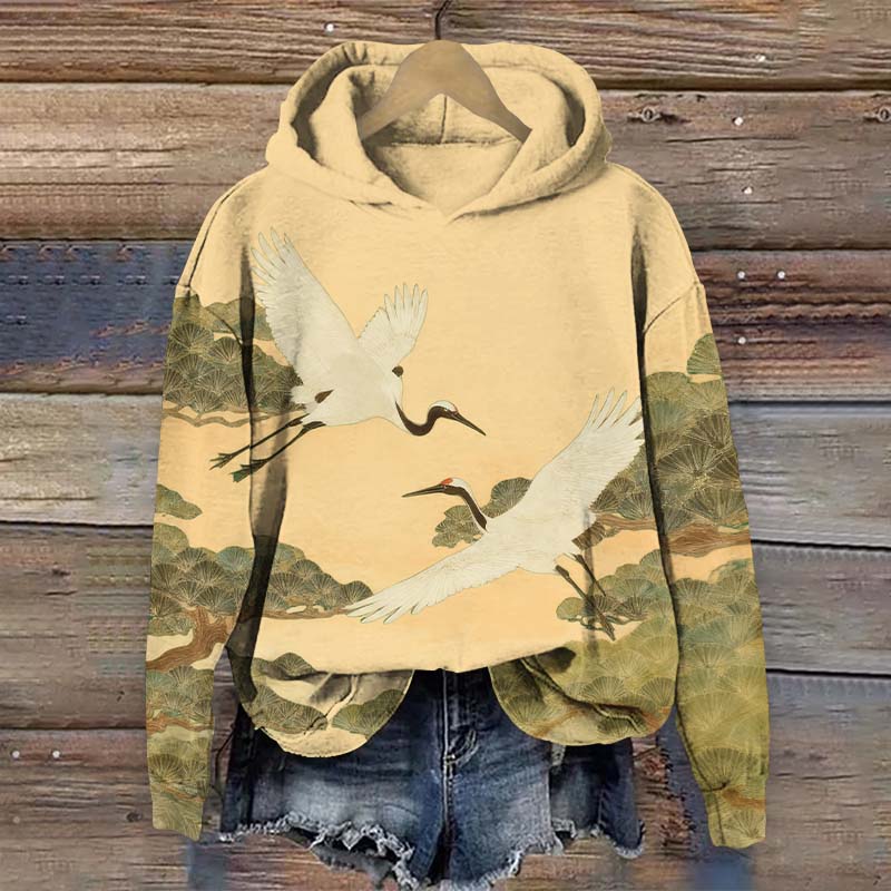 Japanese Vintage Elegant White Cranes Art Print Long Sleeve Hoodie - Yellow - US44-46(8XL) - image 1