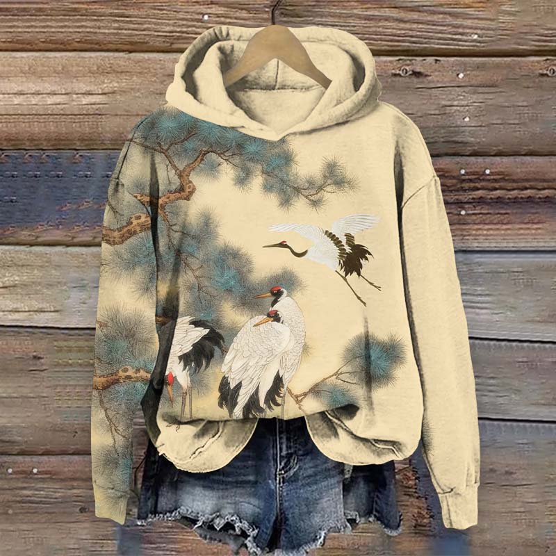 Japanese Retro White Cranes Art Print Long Sleeve Hoodie - Apricot - US44-46(8XL) - image 2