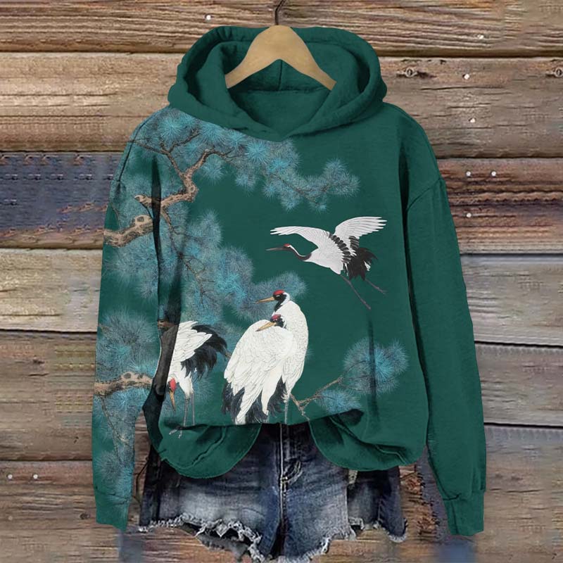 Japanese Retro White Cranes Art Print Long Sleeve Hoodie - Green - US44-46(8XL) - image 1