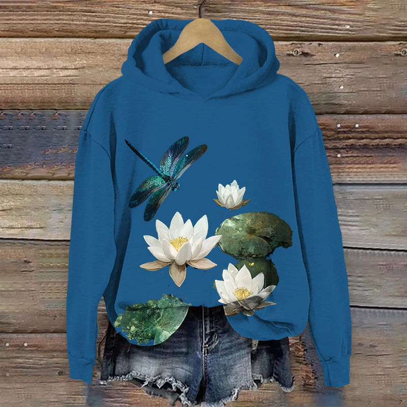 Vintage Oil Painting Water Lily & Dragonfly Art Print Long Sleeve Hoodie - Dark Blue - US44-46(8XL) - image 2