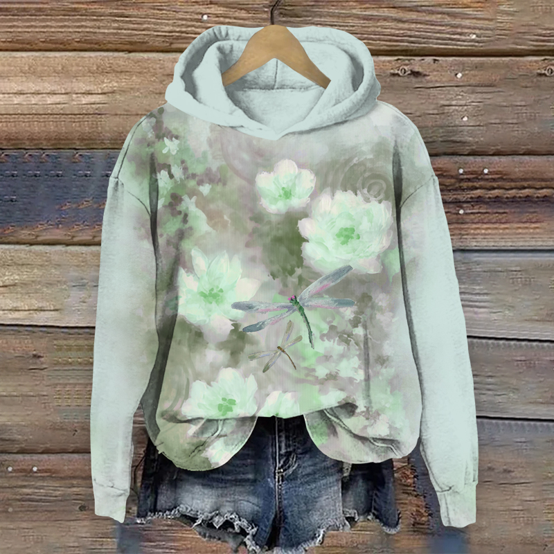 Retro Oil Painting Abstract Flowers & Dragonfly Art Print Long Sleeve Hoodie - Light Blue - US44-46(8XL) - image 2