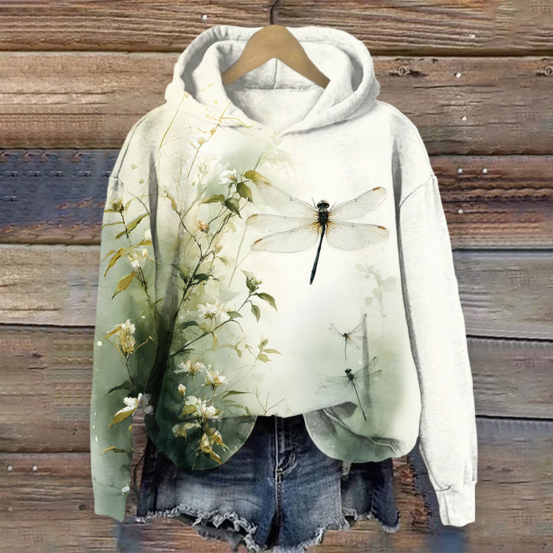 Vintage Watercolor Flowers & Dragonfly Art Print Long Sleeve Hoodie - White - US44-46(8XL) - image 2