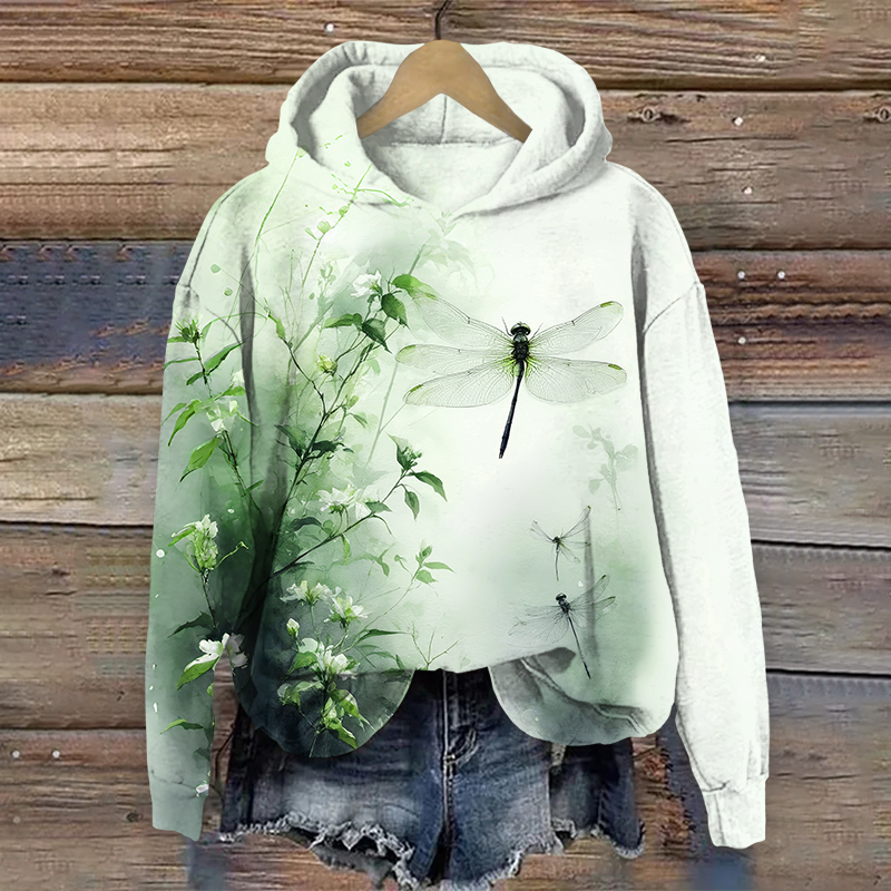 Vintage Watercolor Flowers & Dragonfly Art Print Long Sleeve Hoodie - Green - US44-46(8XL) - image 1