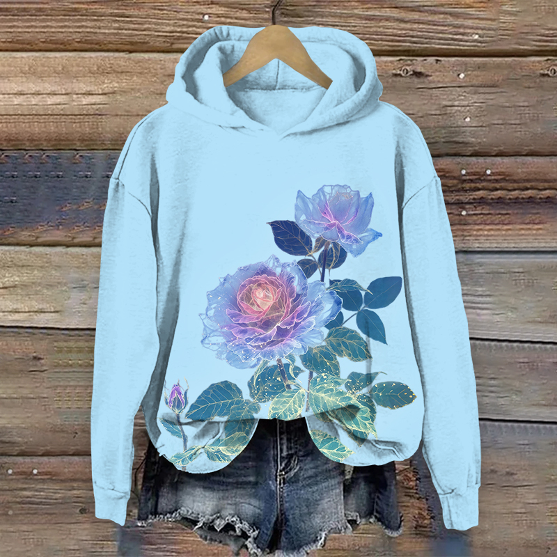 Japanese Vintage Gorgeous Roses Art Print Long Sleeve Hoodie - Blue - US44-46(8XL) - image 2