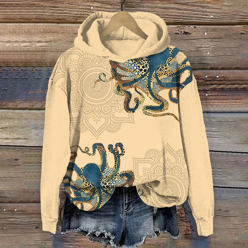 Japanese Creative Polka Dot Octopus Art Print Long Sleeve Hoodie - Khaki - US44-46(8XL) - image 3