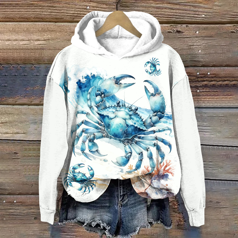 Creative Blue Watercolor Crab Art Print Long Sleeve Hoodie - White - US44-46(8XL) - image 1