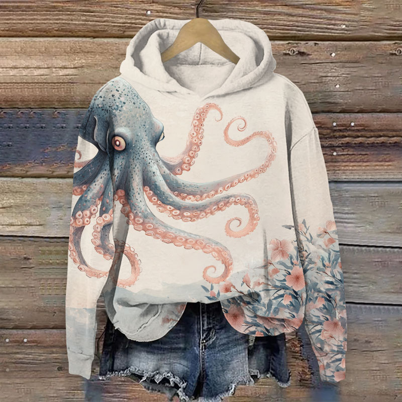 Japanese Unique Octopus & Flowers Art Print Long Sleeve Hoodie - Apricot - US44-46(8XL) - image 1