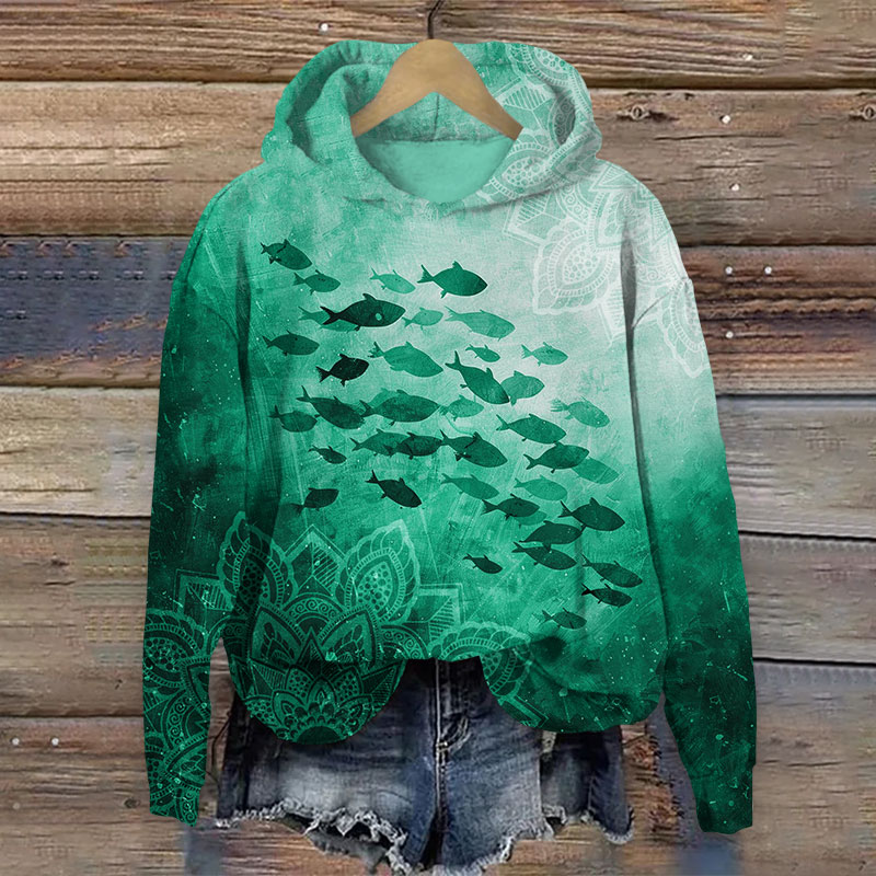 Vintage Watercolor Underwater Fish School Art Print Long Sleeve Hoodie - Green - US44-46(8XL) - image 2