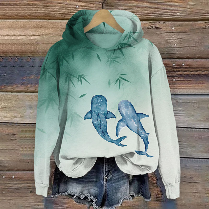 Lovely Cartoon Whale Shark Art Print Long Sleeve Hoodie - Green - US44-46(8XL) - image 1