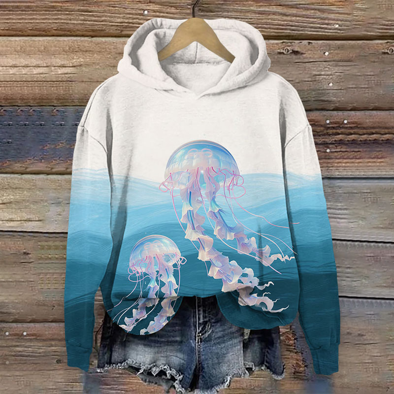 Creative Ombre Jellyfish Art Print Long Sleeve Hoodie - Blue - US44-46(8XL) - image 1