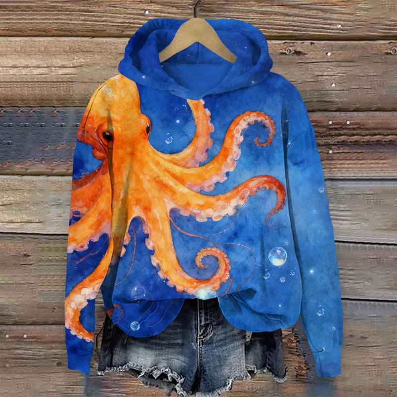 Vintage Mystical Octopus Staring At Bubbles Art Print Long Sleeve Hoodie - Blue - US44-46(8XL) - image 1