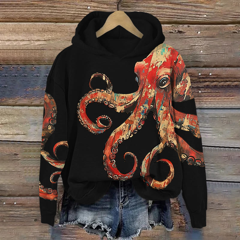 Distressed Vintage Octopus Art Print Long Sleeve Hoodie - Black - US44-46(8XL) - image 1