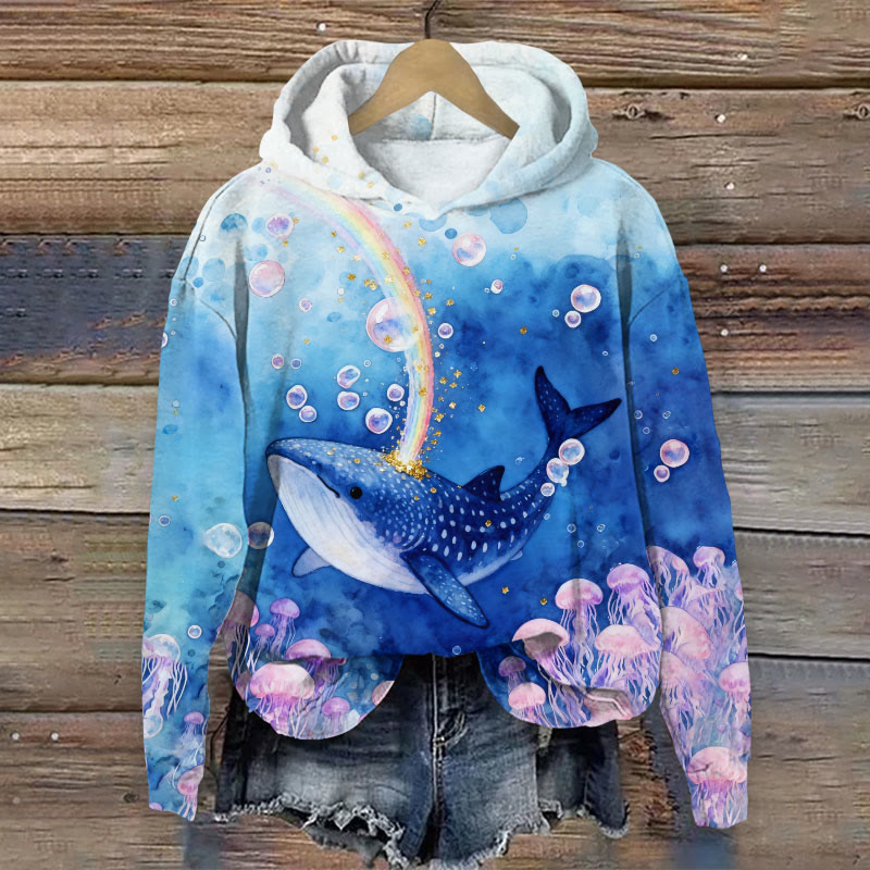 Whale Watercolor Art Print Long Sleeve Hoodie - Blue - US44-46(8XL) - image 1
