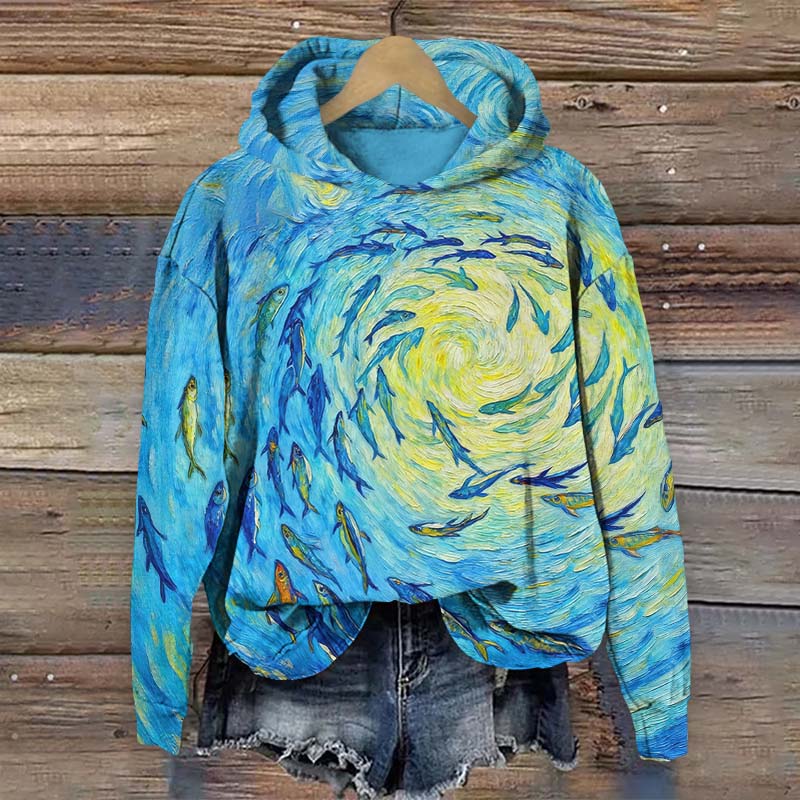 Creative Oil Painting Fish Vortex Art Print Long Sleeve Hoodie - Blue - US44-46(8XL) - image 1
