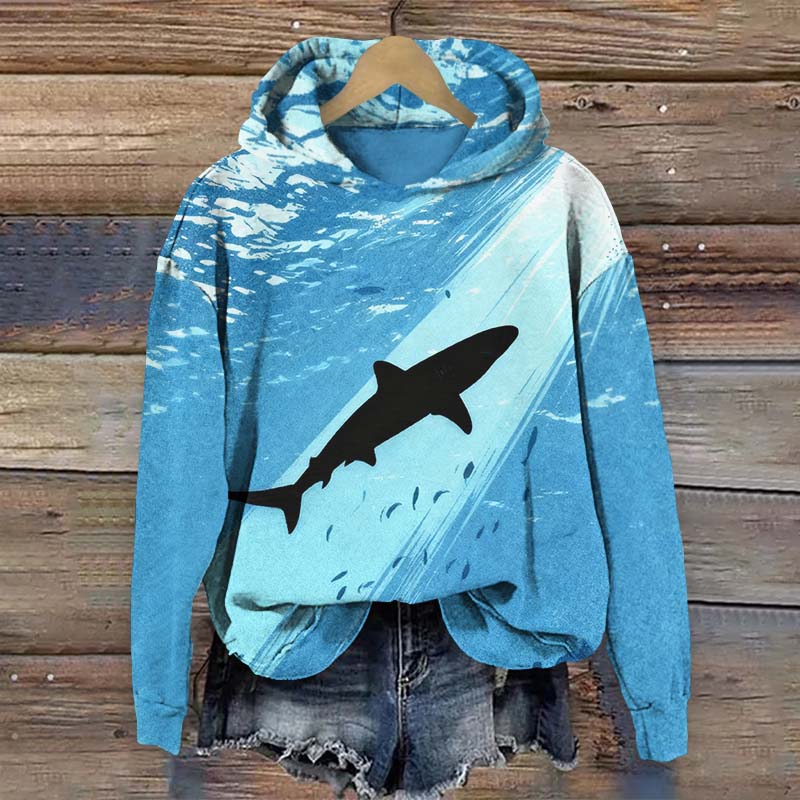 Unique Underwater Dark Shark Art Print Long Sleeve Hoodie - Blue - US44-46(8XL) - image 1