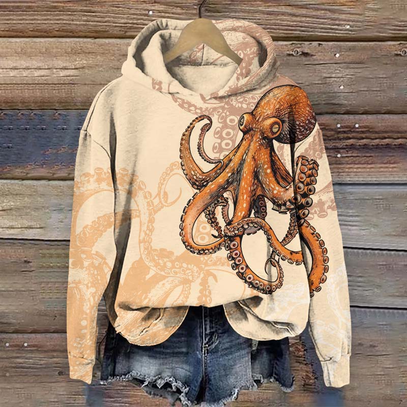 Vintage Unique Octopus Art Print Long Sleeve Hoodie - Apricot - US44-46(8XL) - image 2