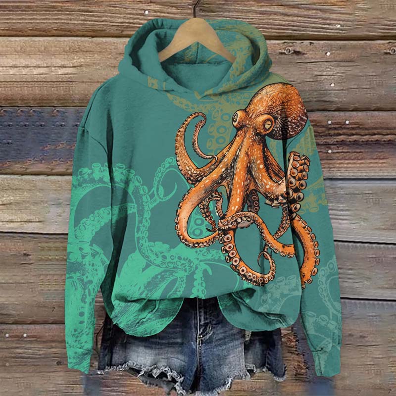 Vintage Unique Octopus Art Print Long Sleeve Hoodie - Green - US44-46(8XL) - image 1