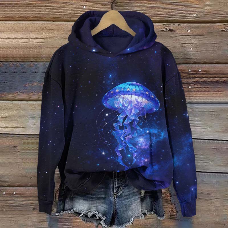 Starry Night Sky Glowing Jellyfish Art Print Long Sleeve Hoodie - Dark Blue - US44-46(8XL) - image 1