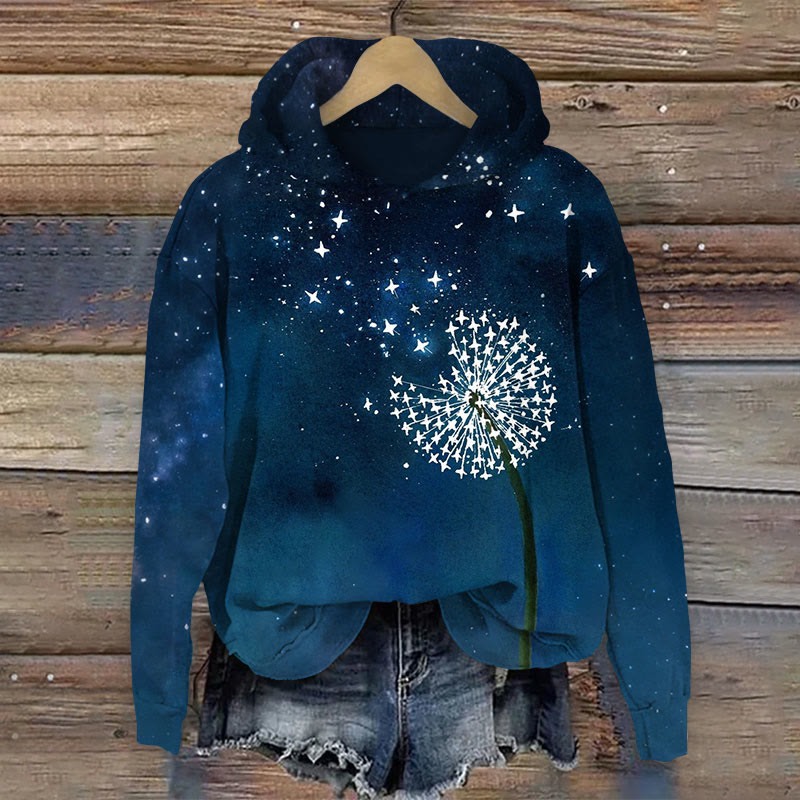 Dandelion Starry Sky Art Print Long Sleeve Hoodie - Dark Blue - US44-46(8XL) - image 1