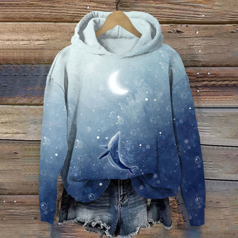 Whale Pattern In The Night Sky Art Print Long Sleeve Hoodie - Dark Blue - US44-46(8XL) - image 1
