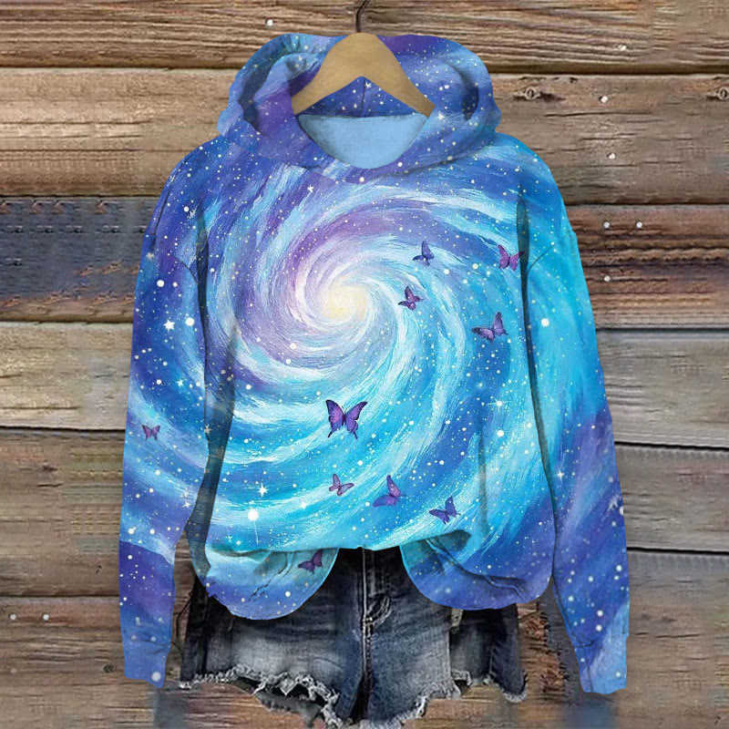 Colorful Starry Sky And Butterflies Art Print Long Sleeve Hoodie - Blue - US44-46(8XL) - image 1