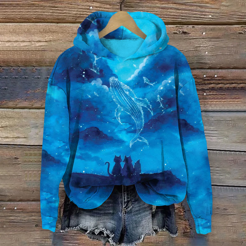 Whale And Kitten In The Night Nebula Art Print Long Sleeve Hoodie - Blue - US44-46(8XL) - image 1