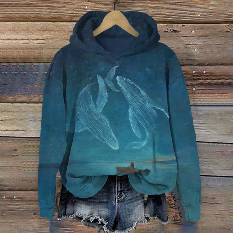 Whale Pattern In The Night Sky Art Print Long Sleeve Hoodie - Lake Blue - US44-46(8XL) - image 1