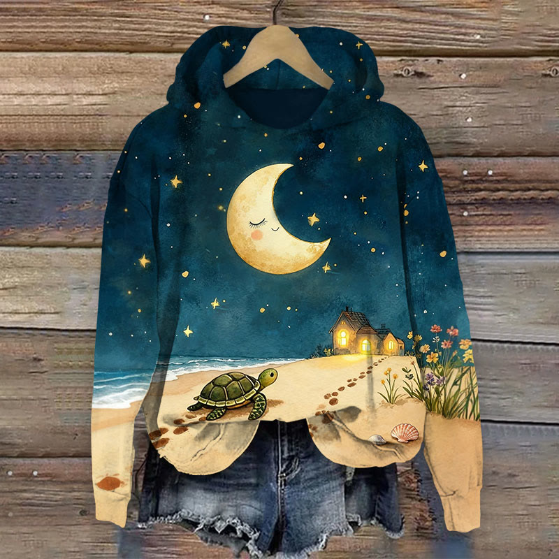 Watercolor Night Starry Turtle Art Print Long Sleeve Hoodie - Navy Blue - US44-46(8XL) - image 1