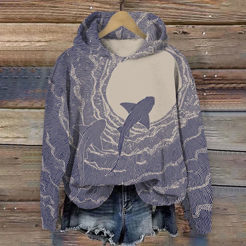 Linear Abstract Sharkart Print Long Sleeve Hoodie - Dark Blue - US44-46(8XL) - image 1