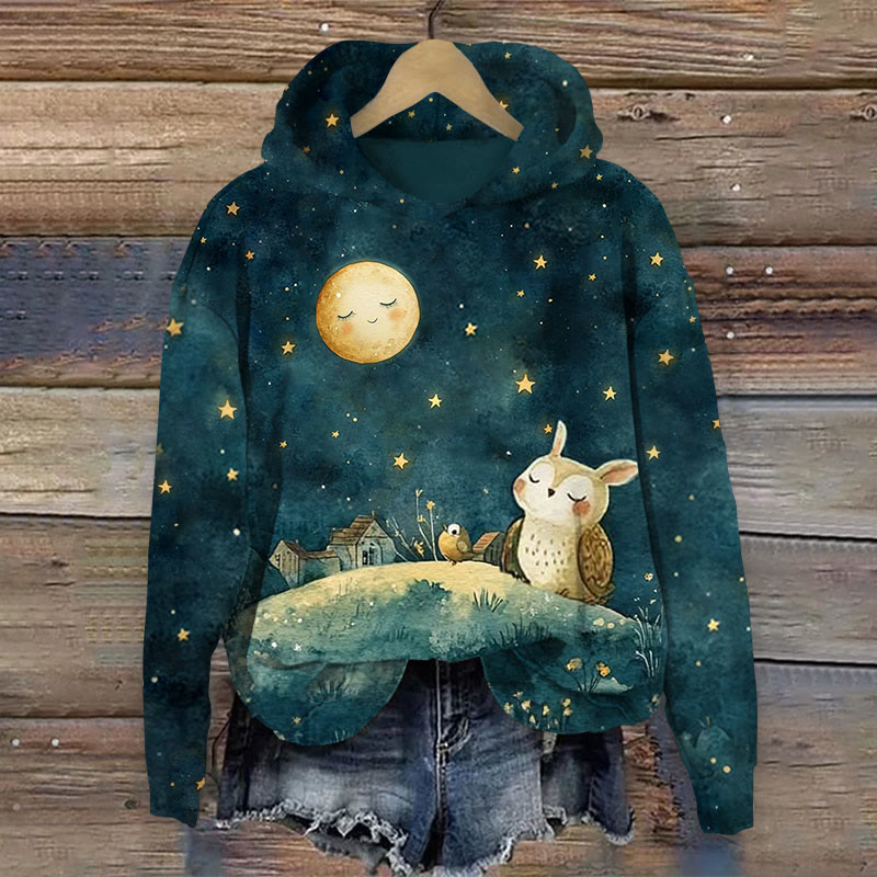Watercolor Night Starry Owl Art Print Long Sleeve Hoodie - Dark Blue - US44-46(8XL) - image 1