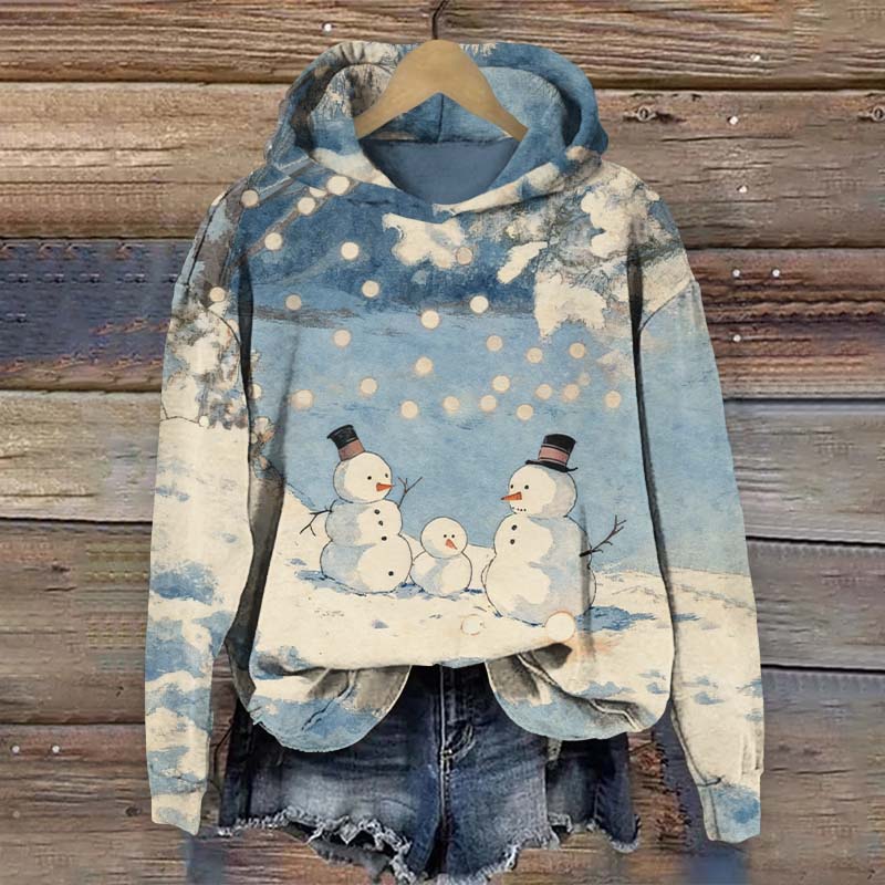Lovely Snowman Family Art Print Long Sleeve Hoodie - Blue - US44-46(8XL) - image 1