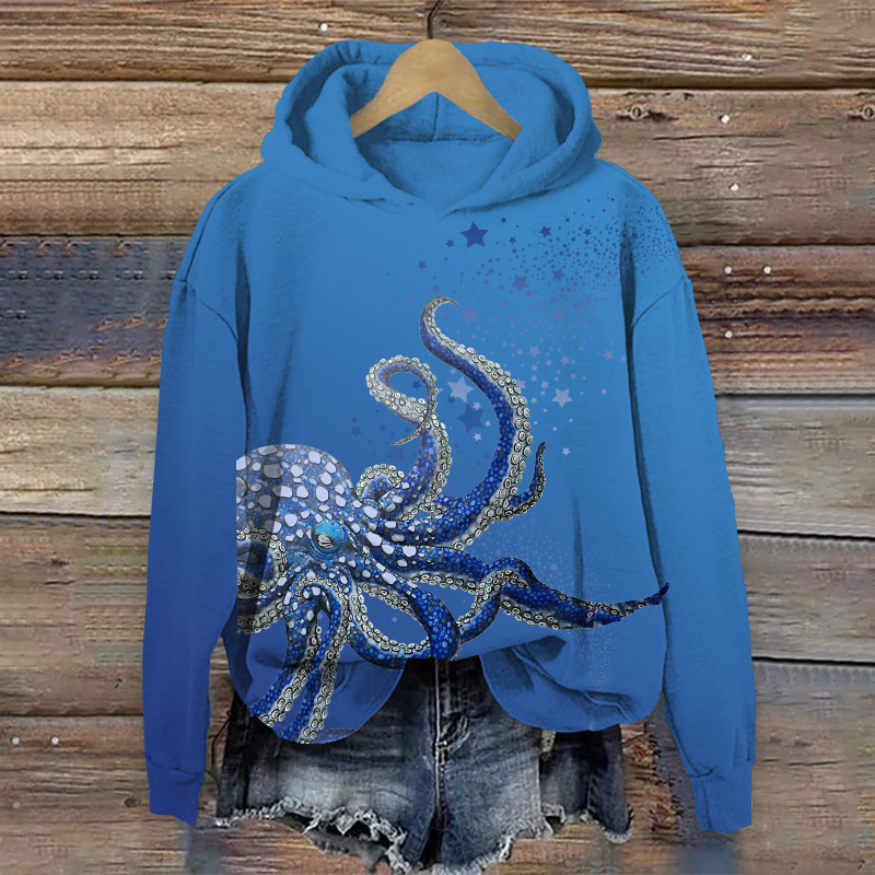 Vintage Unique Octopus Full With Scales Art Print Long Sleeve Hoodie - Blue - US44-46(8XL) - image 2