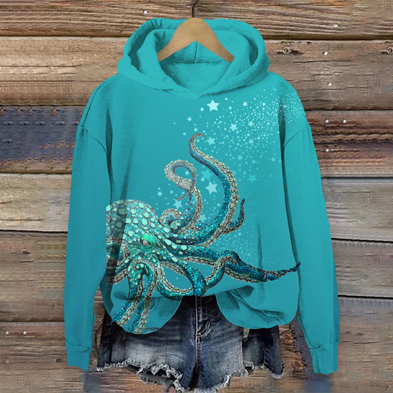 Vintage Unique Octopus Full With Scales Art Print Long Sleeve Hoodie - Green - US44-46(8XL) - image 1