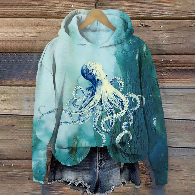 Cute Dazed Octopus Art Print Long Sleeve Hoodie - Green - US44-46(8XL) - image 1