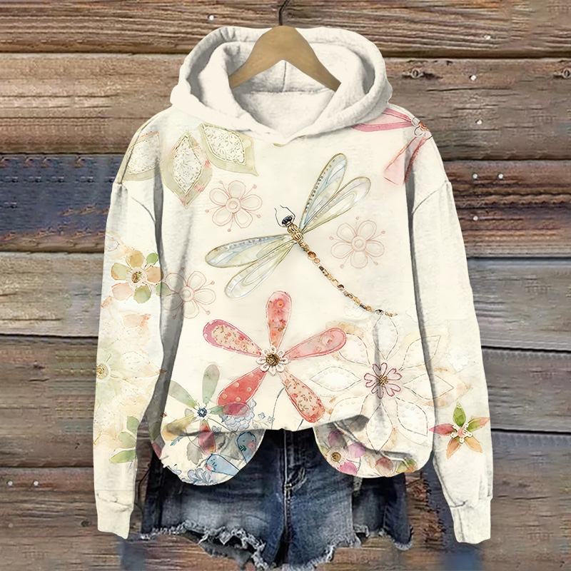 Cartoon Stunning Dragonfly & Floral Art Print Long Sleeve Hoodie - Beige - US44-46(8XL) - image 1