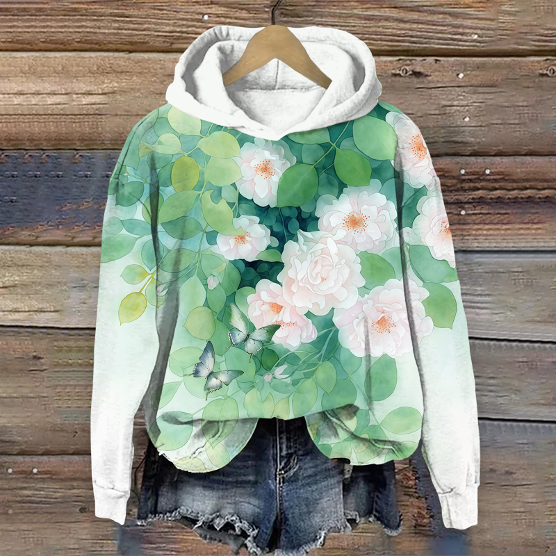 Lovely Pink Rose Blossom Art Print Long Sleeve Hoodie - Green - US44-46(8XL) - image 1