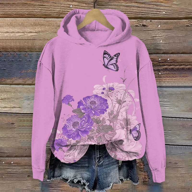 Vintage Butterfly & Blossoms Art Print Long Sleeve Hoodie - Purple - US44-46(8XL) - image 2