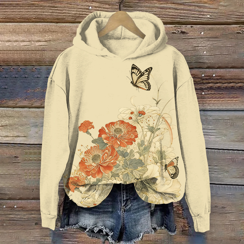 Vintage Butterfly & Blossoms Art Print Long Sleeve Hoodie - Apricot - US44-46(8XL) - image 1