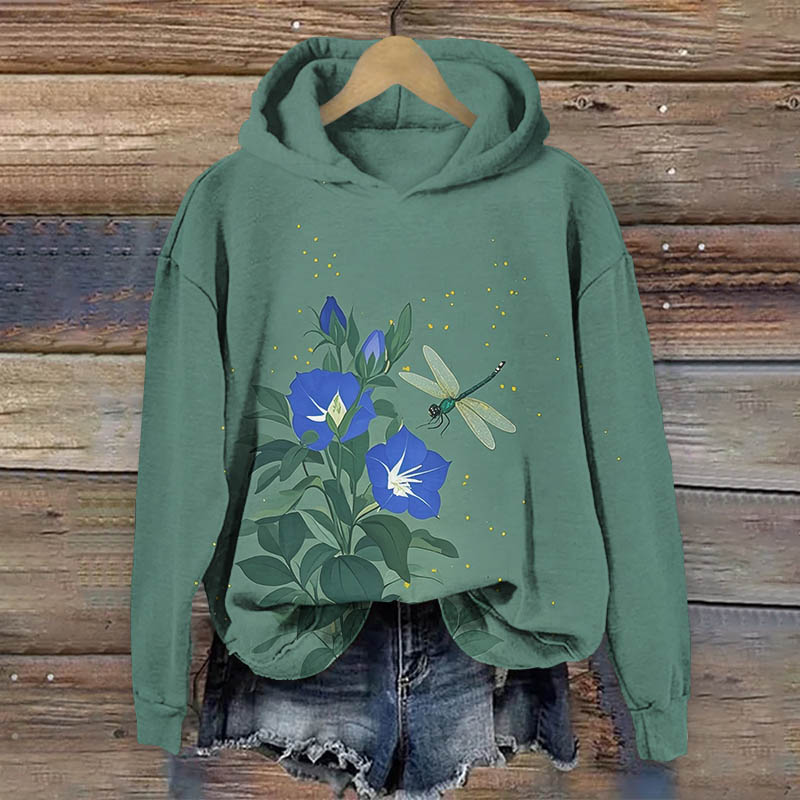 Retro Morning Glory & Dragonfly Art Print Long Sleeve Hoodie - Green - US44-46(8XL) - image 2