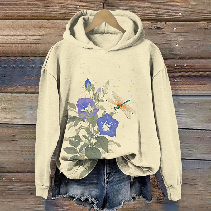 Retro Morning Glory & Dragonfly Art Print Long Sleeve Hoodie - Apricot - US44-46(8XL) - image 1