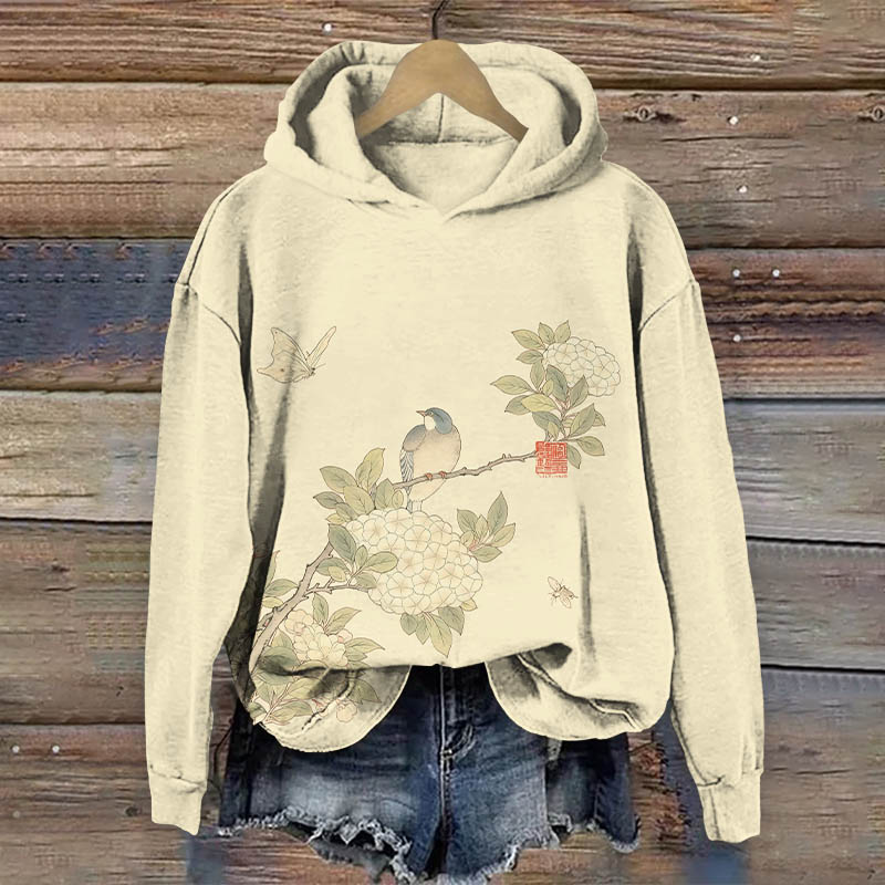 Chinese Painting Flower& Bird Pattern Art Print Long Sleeve Hoodie - Apricot - US44-46(8XL) - image 2