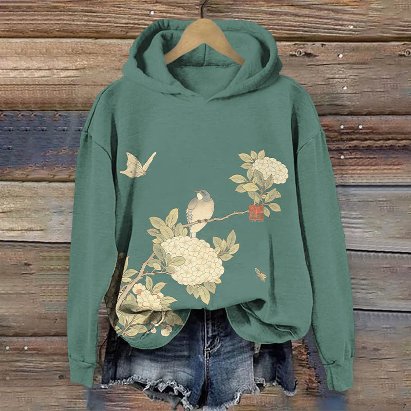 Chinese Painting Flower& Bird Pattern Art Print Long Sleeve Hoodie - Green - US44-46(8XL) - image 1