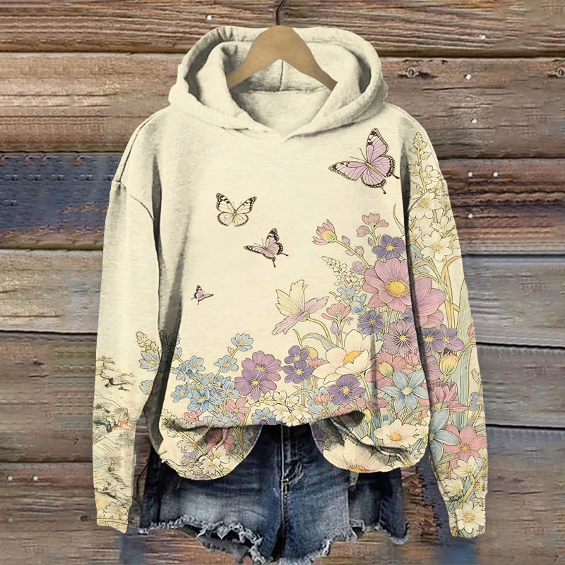 Watercolor Romantic Flowers & Butterfly Art Print Long Sleeve Hoodie - Apricot - US44-46(8XL) - image 2