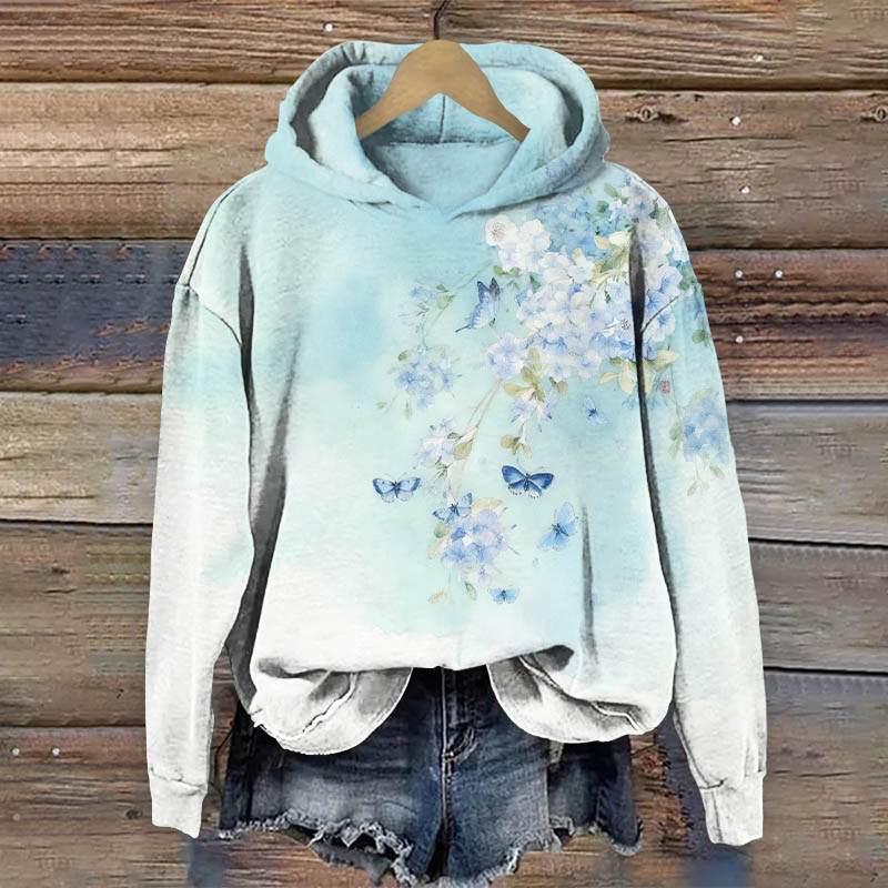 Watercolor Pattern With Blue Hydrangeas And Butterflies Art Print Long Sleeve Hoodie - Blue - US44-46(8XL) - image 2
